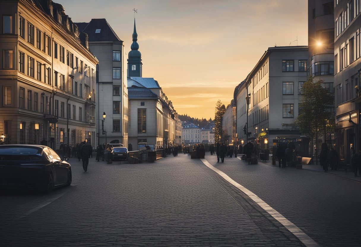 The scene is set in Oslo, Norway, during the transition to/from daylight saving time in 2024. The illustration should capture the changing of clocks or the transition of light to depict the time change