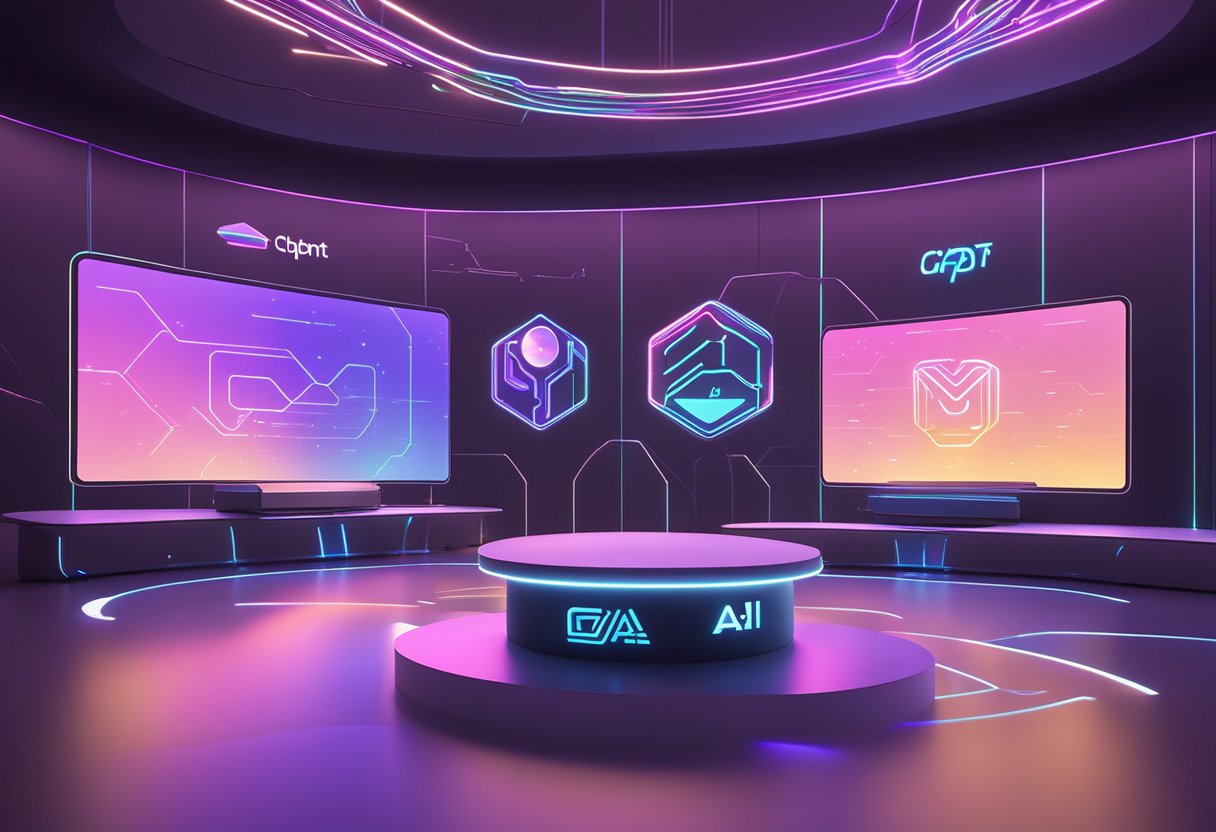 ChatGPT and OPEN AI logos displayed on futuristic screens in a tech-filled room with holographic projections