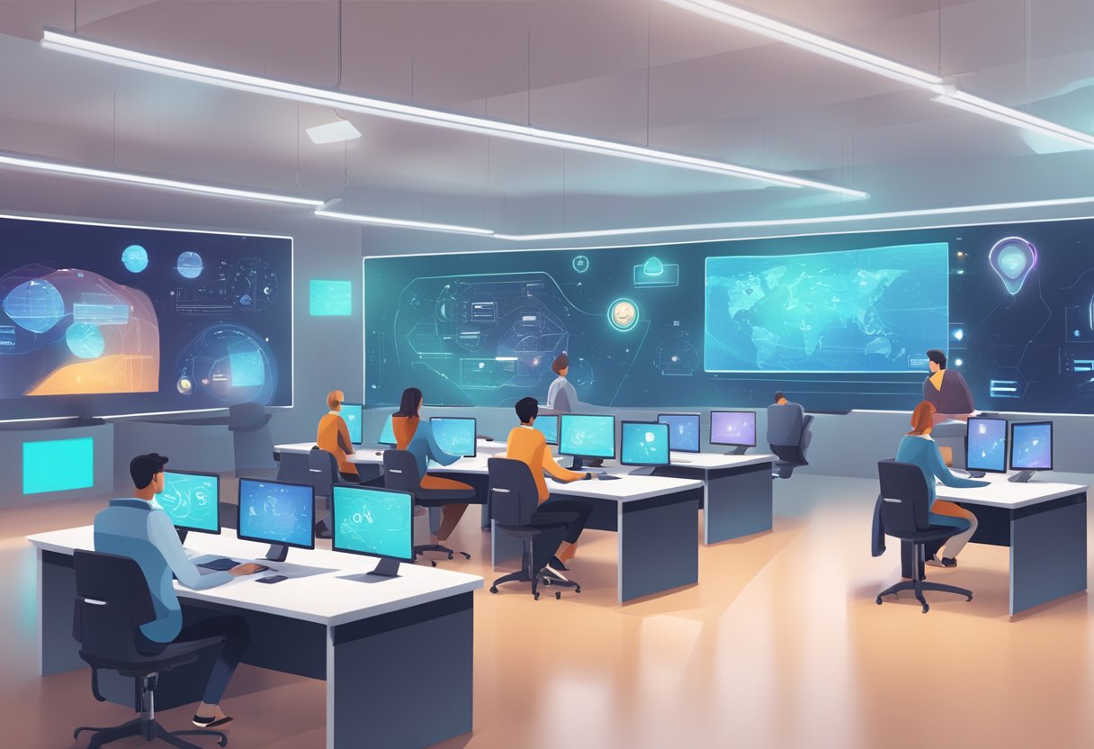 A futuristic classroom or office setting with ChatGPT and OPEN AI logos displayed on digital screens, while people interact with the technology for various industrial and educational purposes