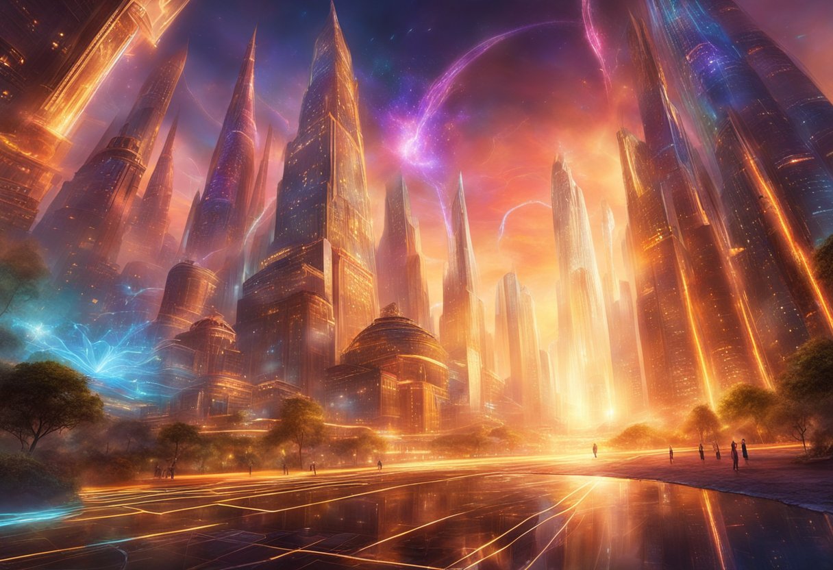 A bustling city of glowing data servers and streams of digital energy