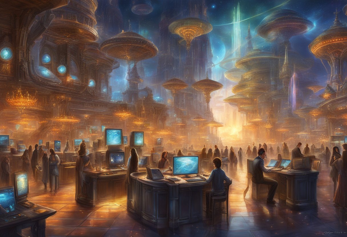 A bustling digital afterlife industry scene with servers, computers, and futuristic technology. Energy and excitement fill the air as the industry continues to grow rapidly