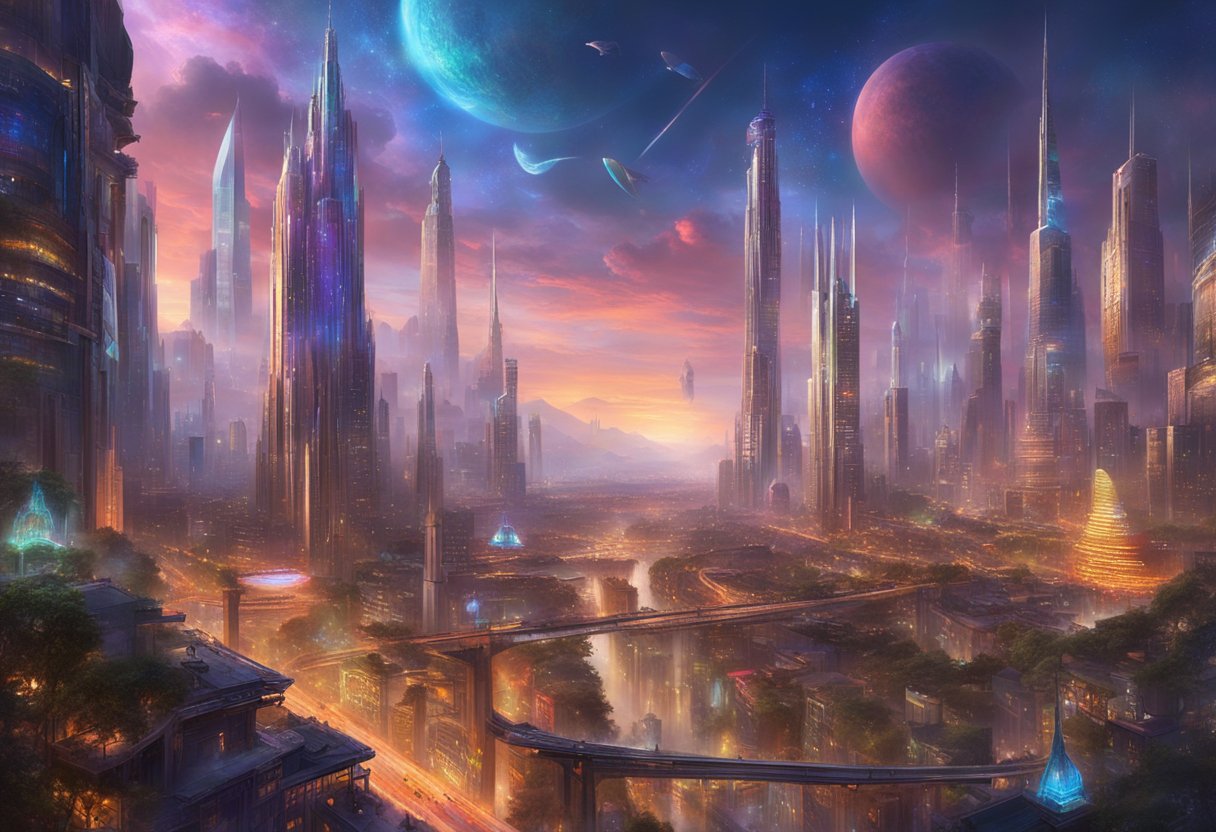 A bustling cityscape with futuristic skyscrapers and holographic billboards, showcasing the booming digital afterlife industry