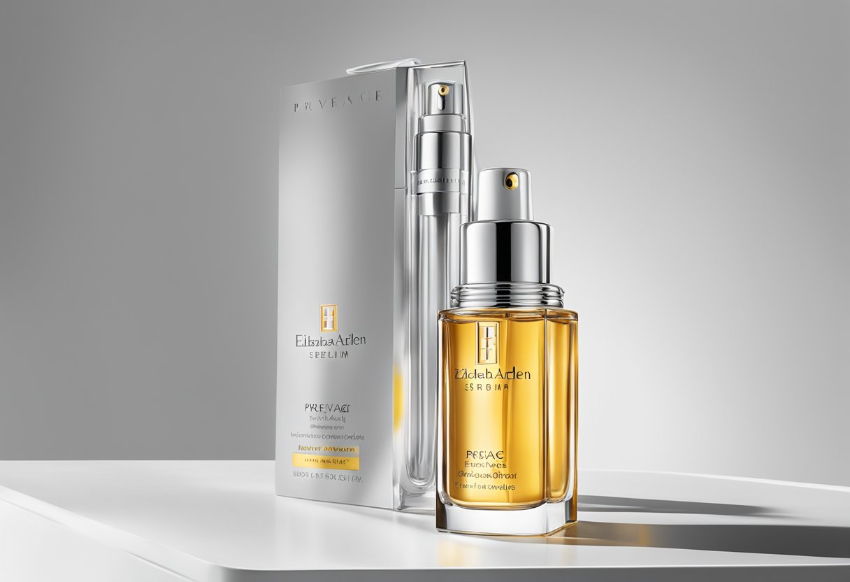 A bottle of Elizabeth Arden Prevage serum stands on a clean, white countertop. The sleek, elegant packaging reflects the light, showcasing the brand's luxury image