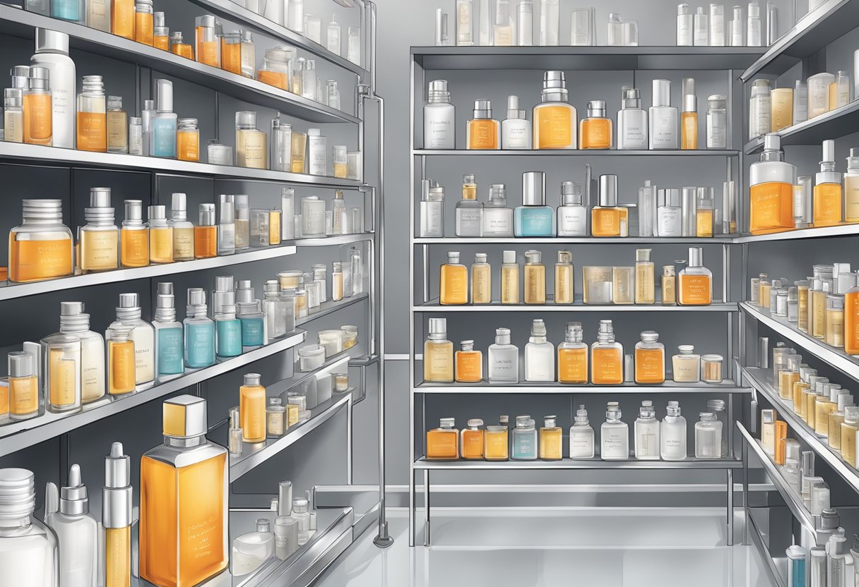 A sleek, modern laboratory setting with shelves of scientific equipment and rows of neatly labeled bottles containing key ingredients for Prevage Serum by Elizabeth Arden