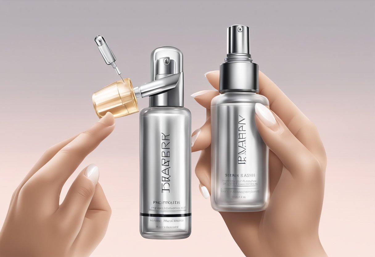 A hand holding a Prevage Serum bottle with a dropper applying the serum onto a smooth, radiant skin surface