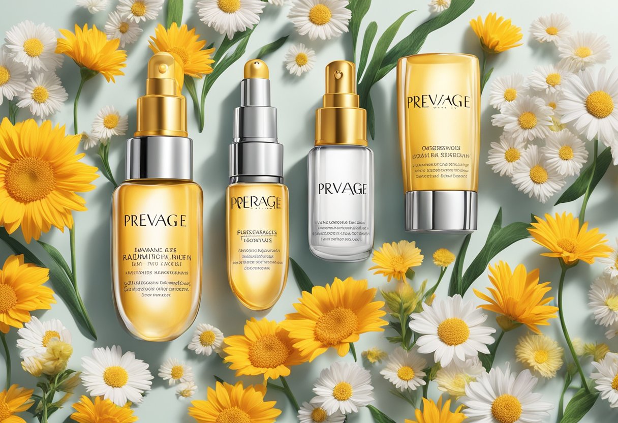 Prevage serum stands out among others, symbolized by a radiant sun rising above a field of vibrant flowers, showcasing its superior anti-aging benefits