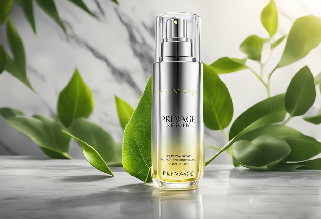 A glowing bottle of Prevage Serum stands on a marble countertop, surrounded by lush green leaves and soft, natural lighting