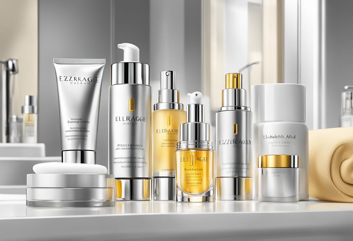 A serene, minimalist bathroom countertop displays the elegant Elizabeth Arden Prevage serum bottle, surrounded by other high-end skincare products