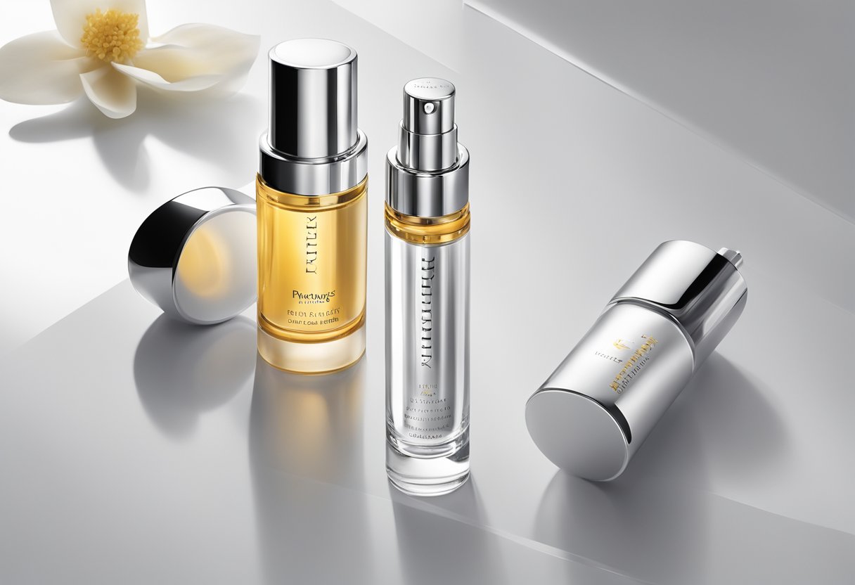 A luxurious glass bottle of Elizabeth Arden Prevage serum sits on a sleek, modern vanity. The label exudes elegance, and the product exudes quality