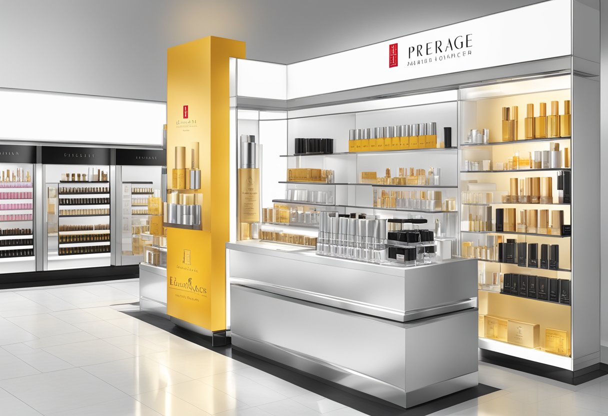 A sleek and modern cosmetic counter display featuring Elizabeth Arden Prevage serum prominently showcased with elegant branding and product information