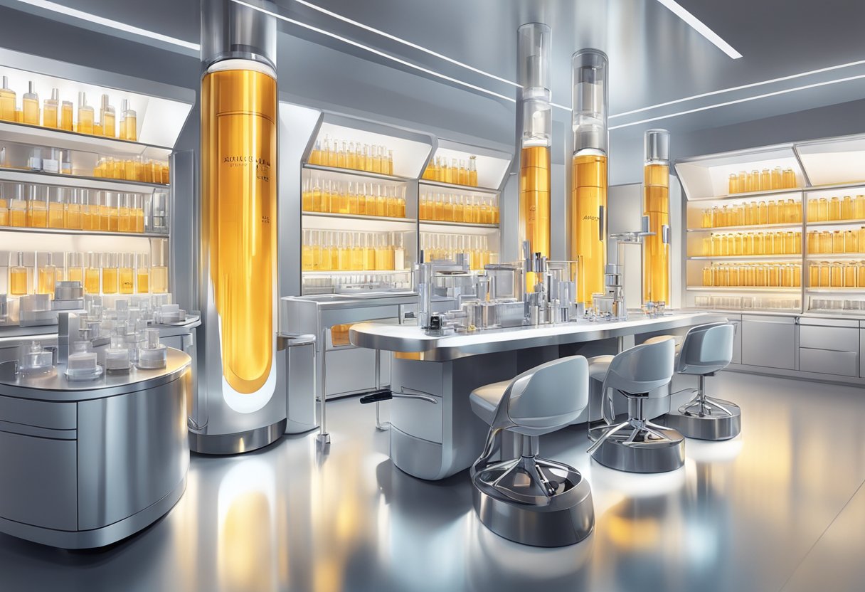 A futuristic laboratory with glowing vials and advanced machinery, showcasing Elizabeth Arden Prevage serum as the centerpiece