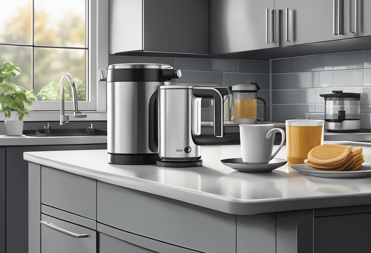 A modern kitchen countertop with a sleek, stainless steel hot water dispenser next to a stack of clean mugs and a steaming cup of tea