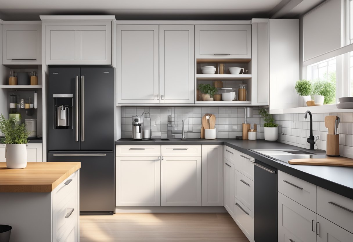 A modern kitchen with various sleek hot water dispensers on a countertop, surrounded by stylish appliances and a clean, minimalist design