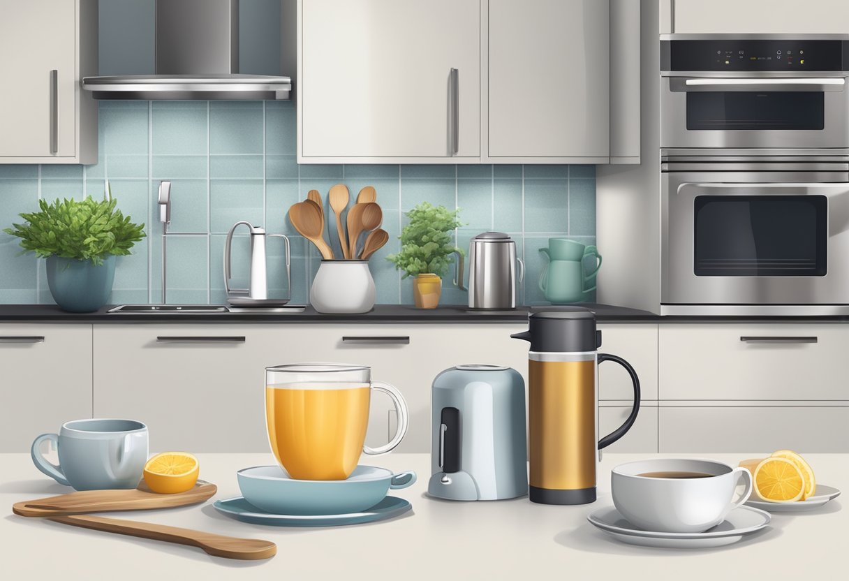 A modern kitchen with a sleek, stainless steel hot water dispenser on the countertop, surrounded by a variety of mugs and teacups