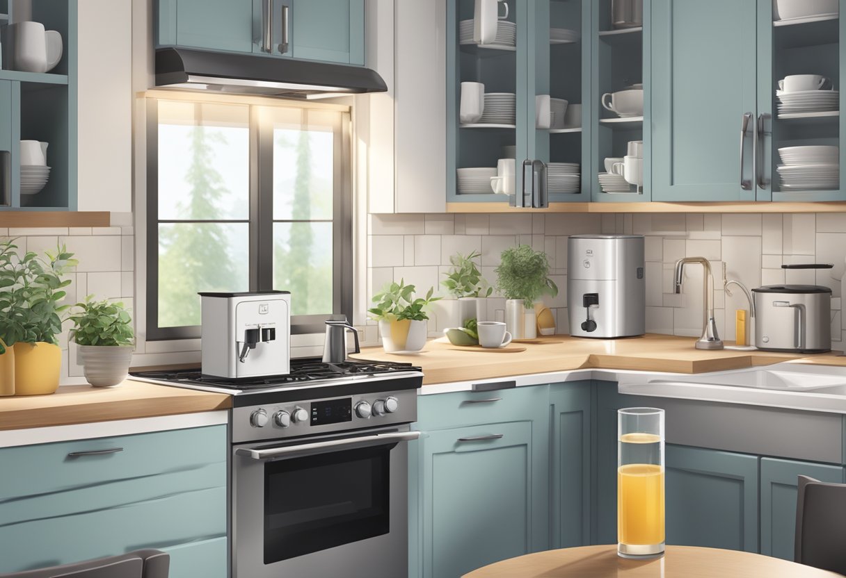 A modern kitchen with a sleek hot water dispenser on the countertop, surrounded by various mugs and tea bags