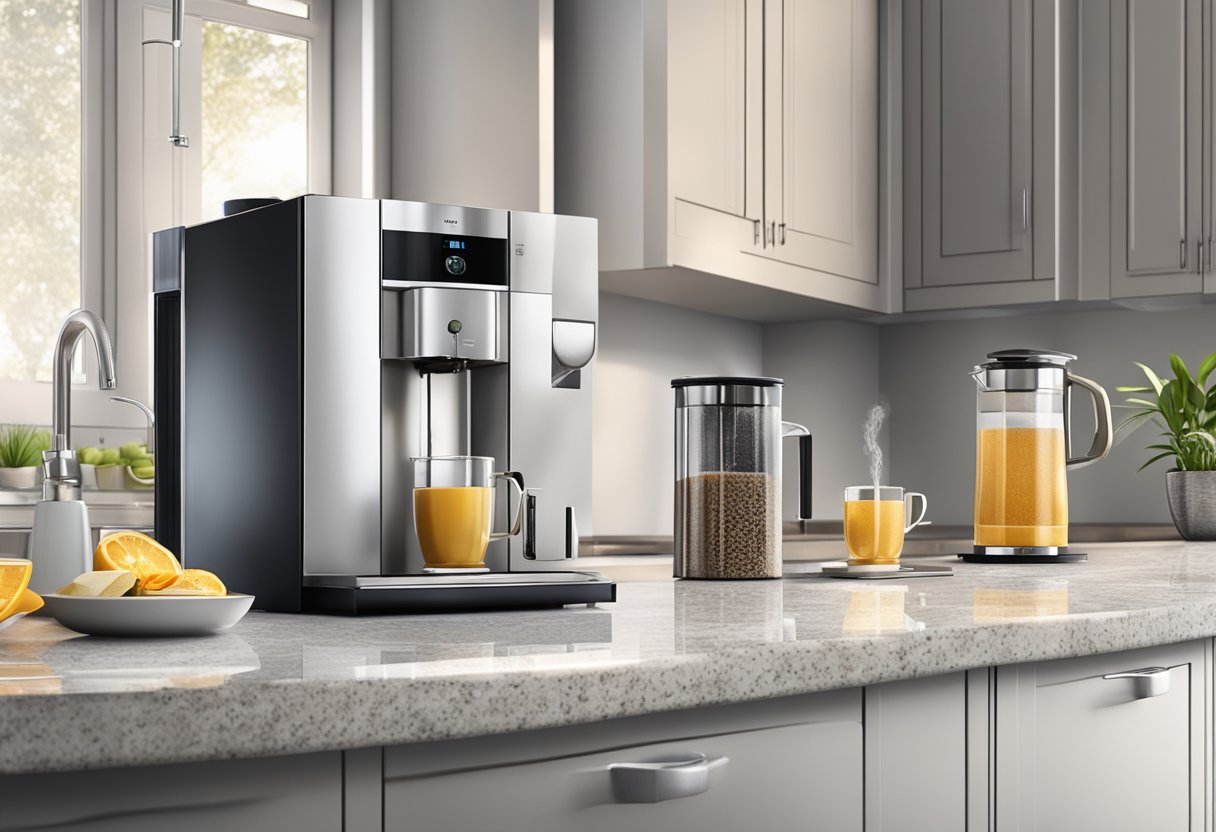 A modern kitchen with a sleek, stainless steel hot water dispenser on a granite countertop, surrounded by various tea and coffee accessories