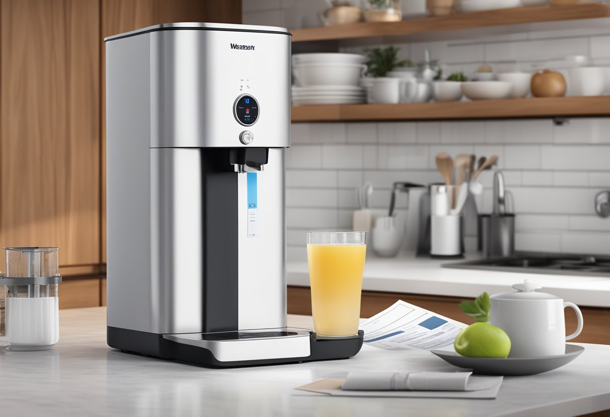 A sleek hot water dispenser sits on a kitchen countertop, surrounded by warranty and after-sales service documents