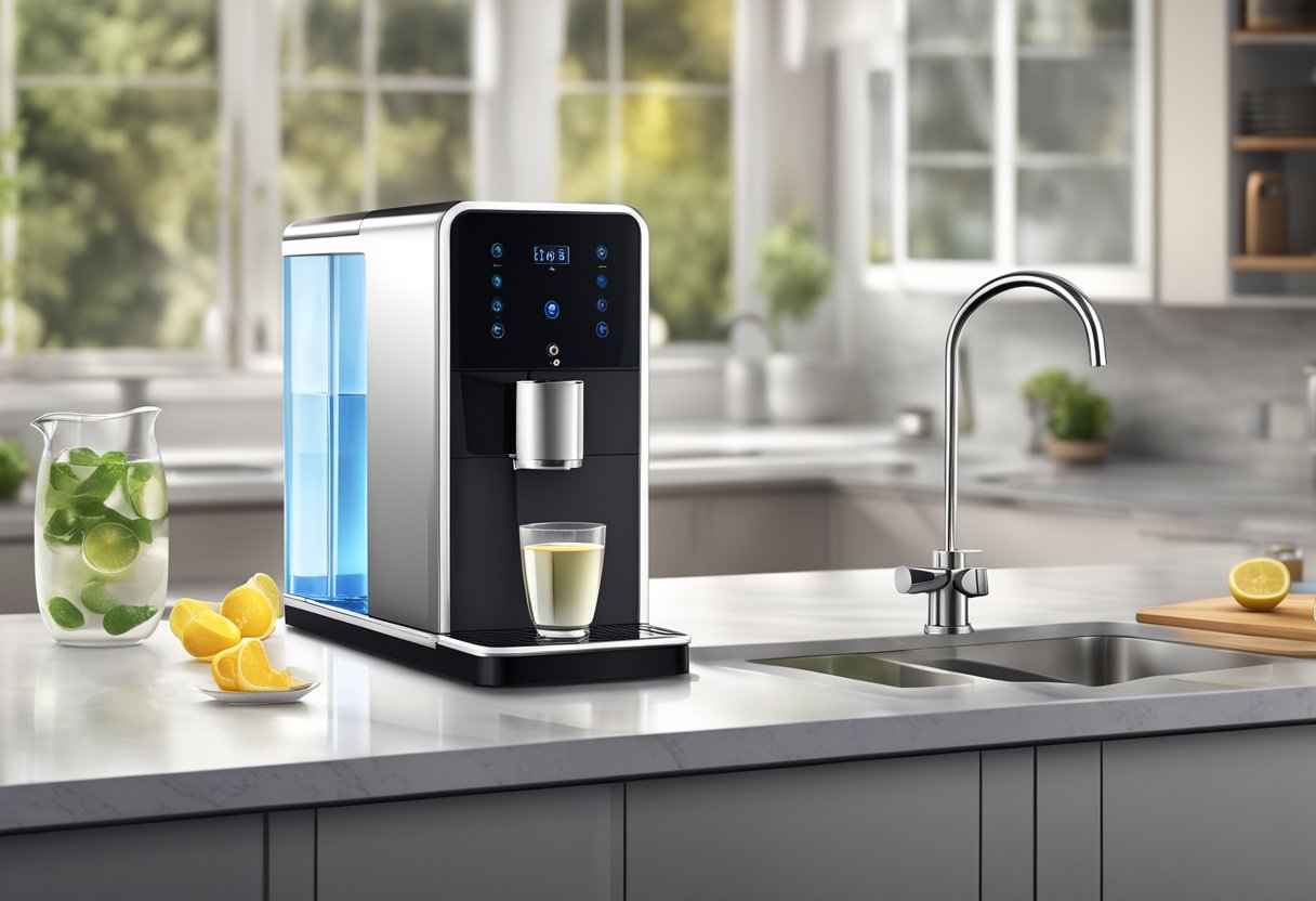 A sleek, modern hot water dispenser sits on a kitchen countertop, with a clear water reservoir and illuminated buttons for easy operation