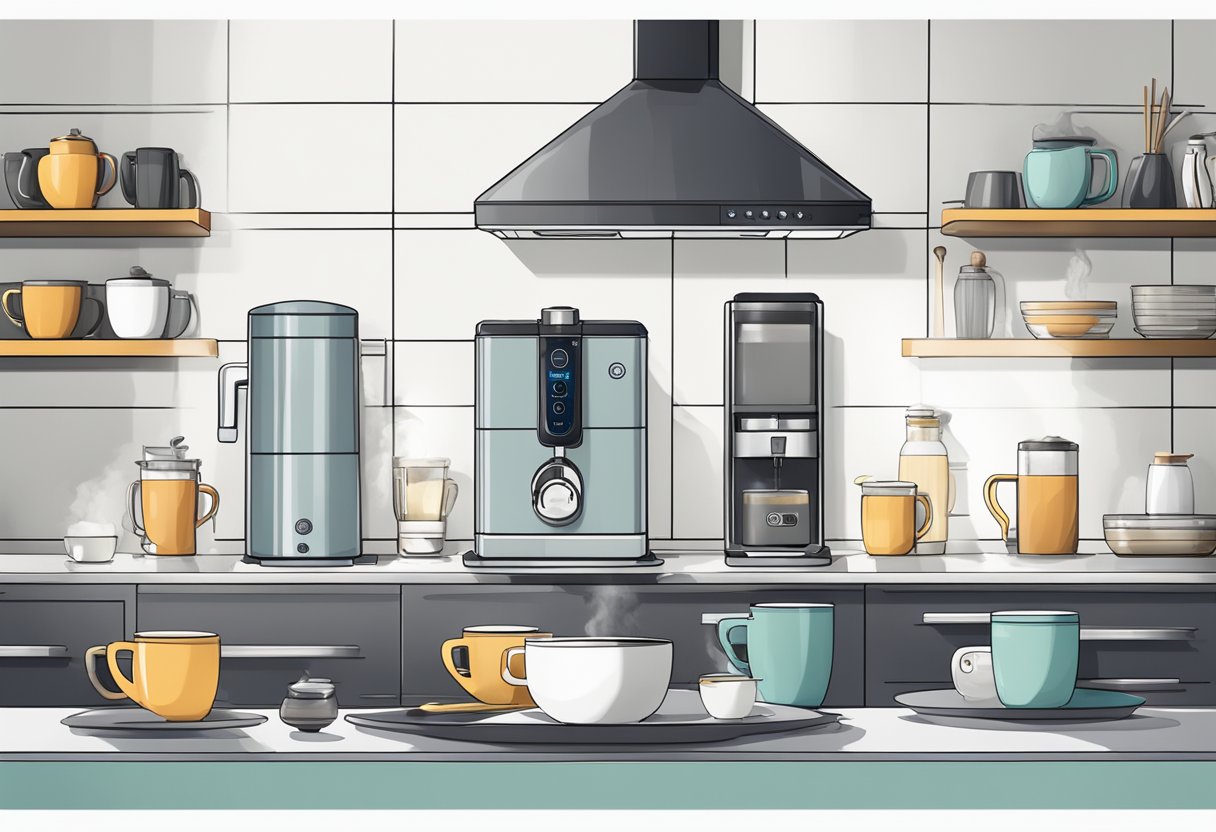 A modern kitchen with a sleek hot water dispenser on the countertop, surrounded by mugs and steam rising from the spout