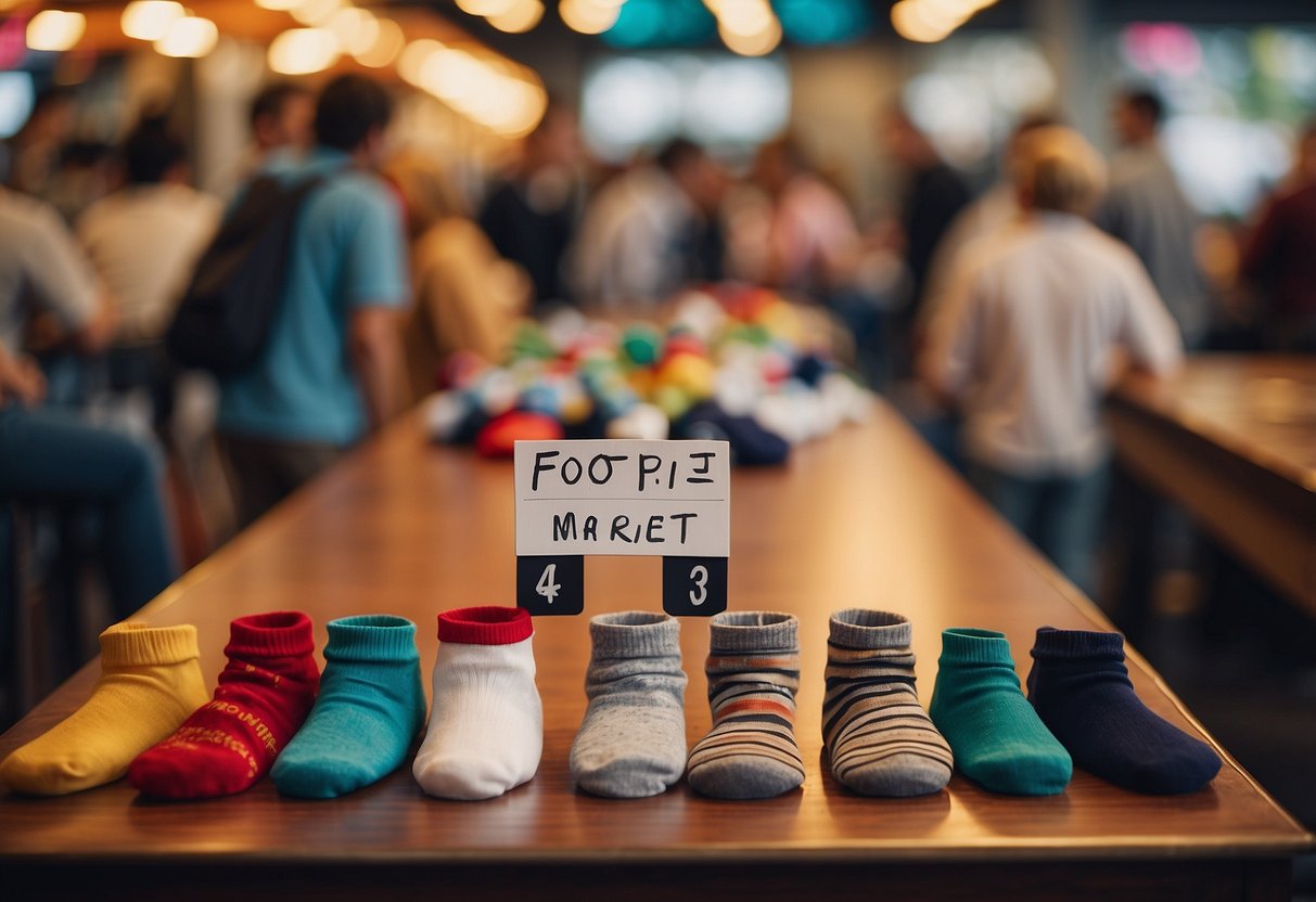 A table covered in colorful socks with a sign reading "Foot Pic Market" and a line of people waiting to buy