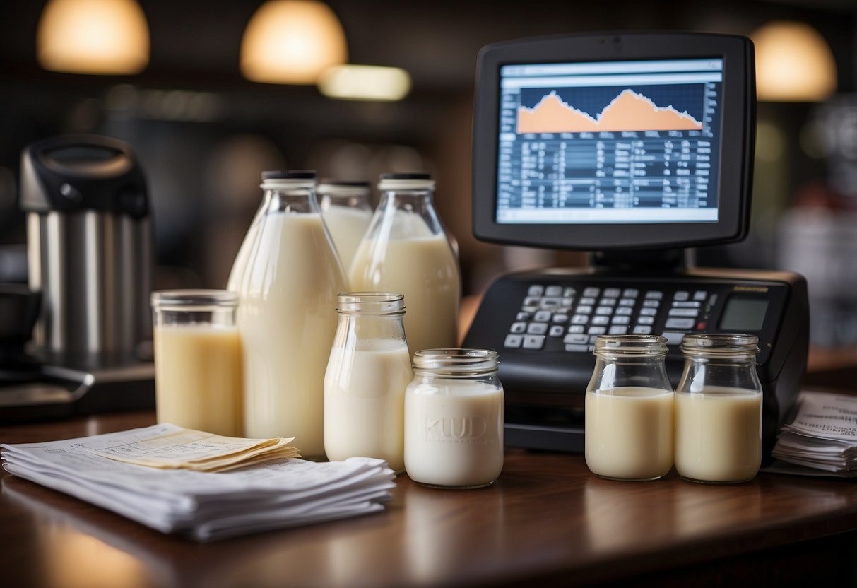 A table stacked with labeled bottles of breast milk, surrounded by business charts and a cash register