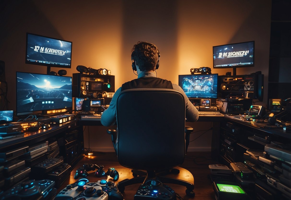 A person sitting at a desk, surrounded by video game consoles and controllers. Money is scattered around, with a satisfied expression on their face, Stupid Ways to Make Money