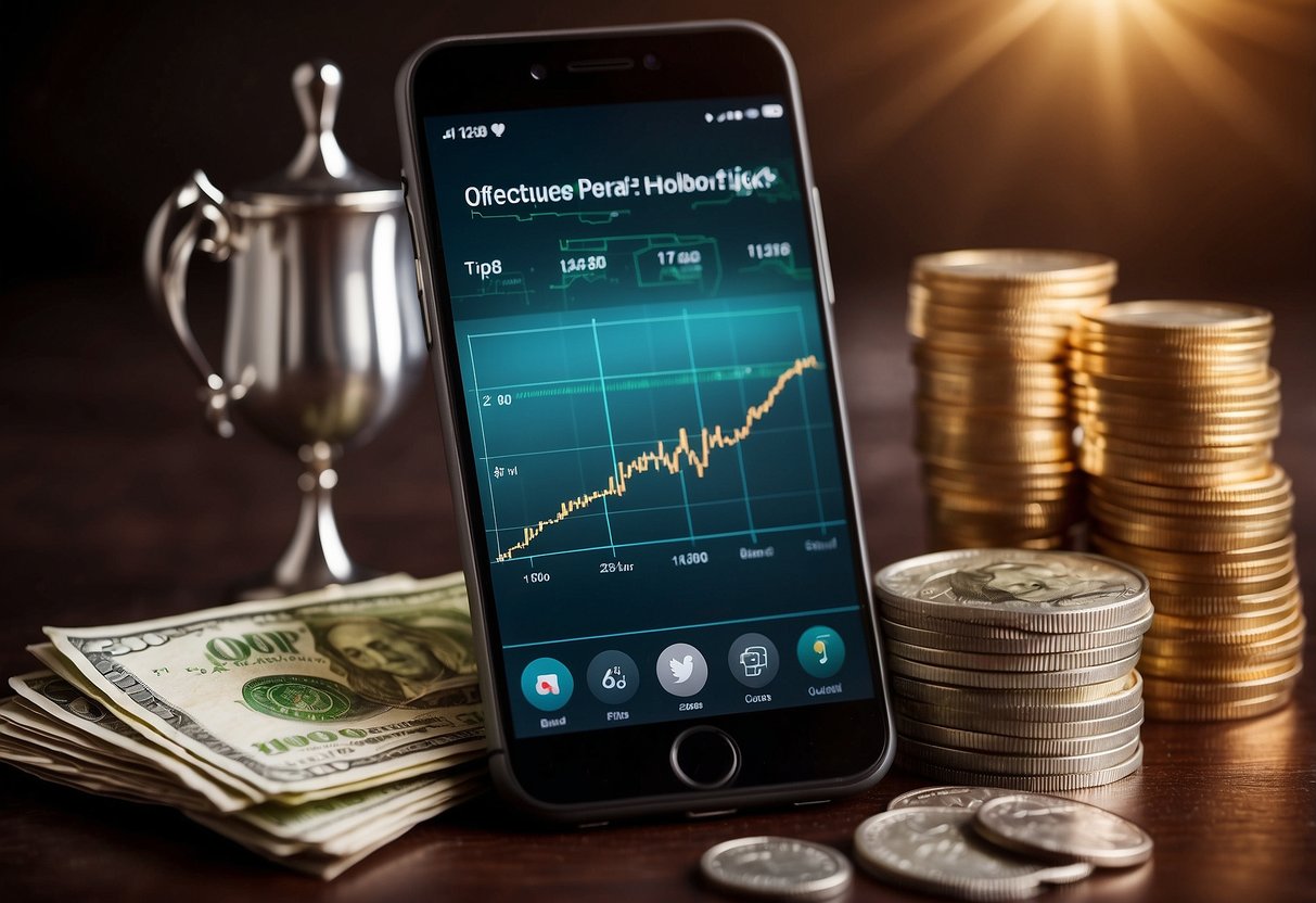 A smartphone with a viral post on the screen, surrounded by cash, products, and a trophy. The background shows a graph of increasing followers and likes