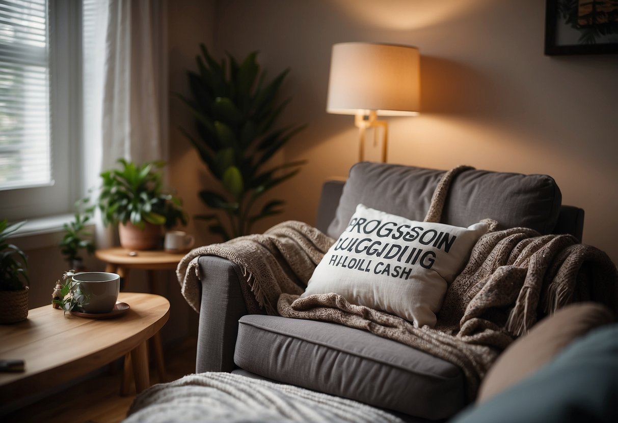 A figure sits in a cozy chair, surrounded by pillows and blankets. A sign reads "Professional Hugger: Cuddling for Cash" as they hold out their arms in a welcoming gesture