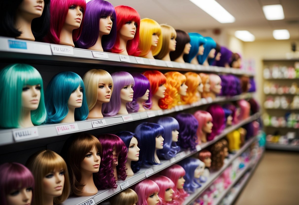 A colorful array of wigs displayed on shelves, with price tags and a cash register nearby. A sign reads "Full-Time Wig Seller: Tapping into a Niche Market."