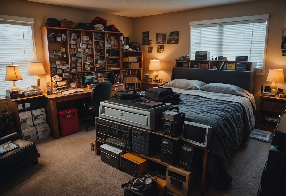 A cluttered room with a bed, desk, and shelves filled with random items. A car parked in a driveway with a sign advertising parking for rent