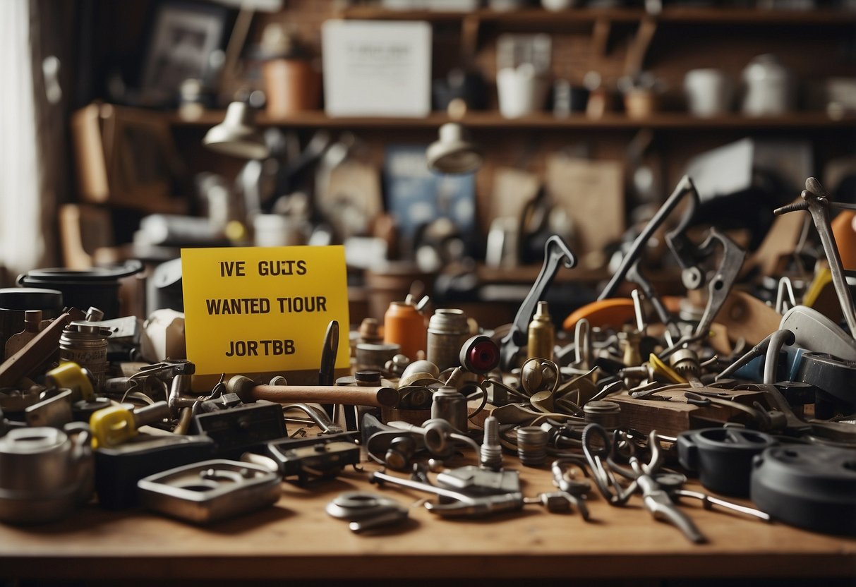 A cluttered room with a mix of traditional and unconventional tools. A sign reads "Odd Jobs Wanted" with quirky gig examples scattered around