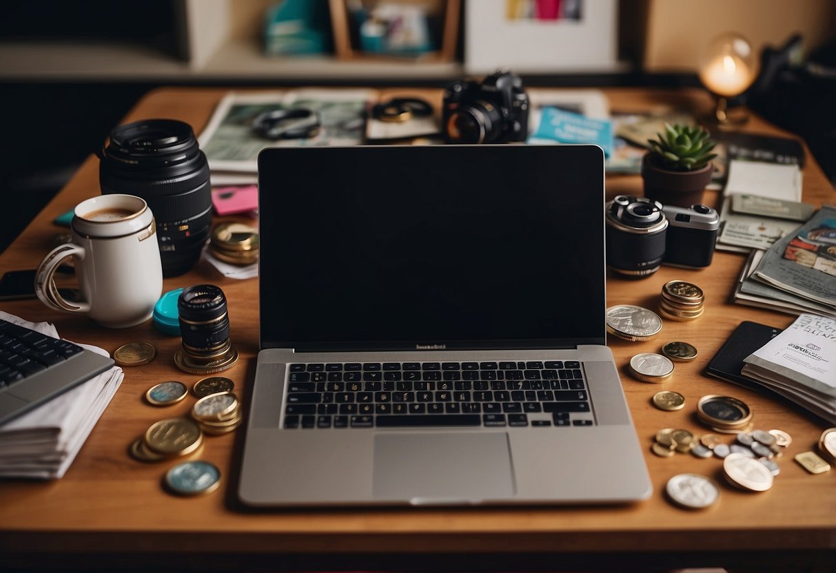 A cluttered desk with a laptop, camera, and art supplies. Money symbols and social media icons scattered around. A "Monetizing Your Creativity Online" book open