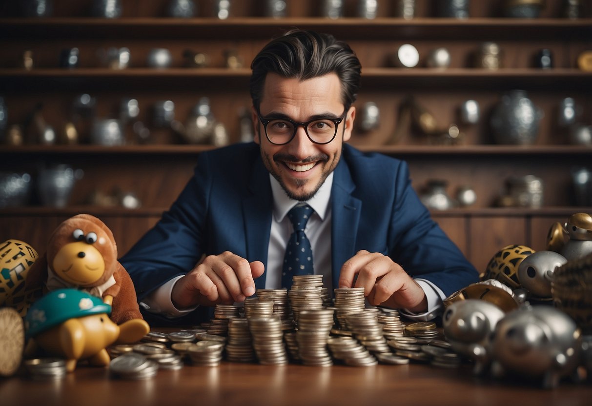 A quirky figure surrounded by odd objects, counting money with a mischievous grin