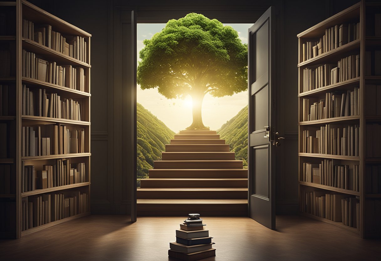A serene setting with a tree growing from a pile of books, surrounded by floating lightbulbs and a winding path leading to a door labeled "Mindset Psychology."