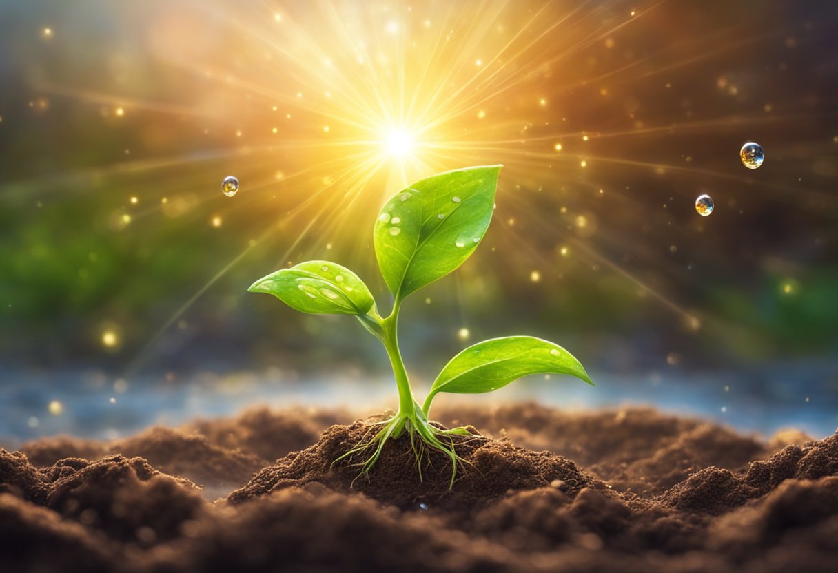 A sprouting seedling reaching towards the sunlight, surrounded by fertile soil and water droplets