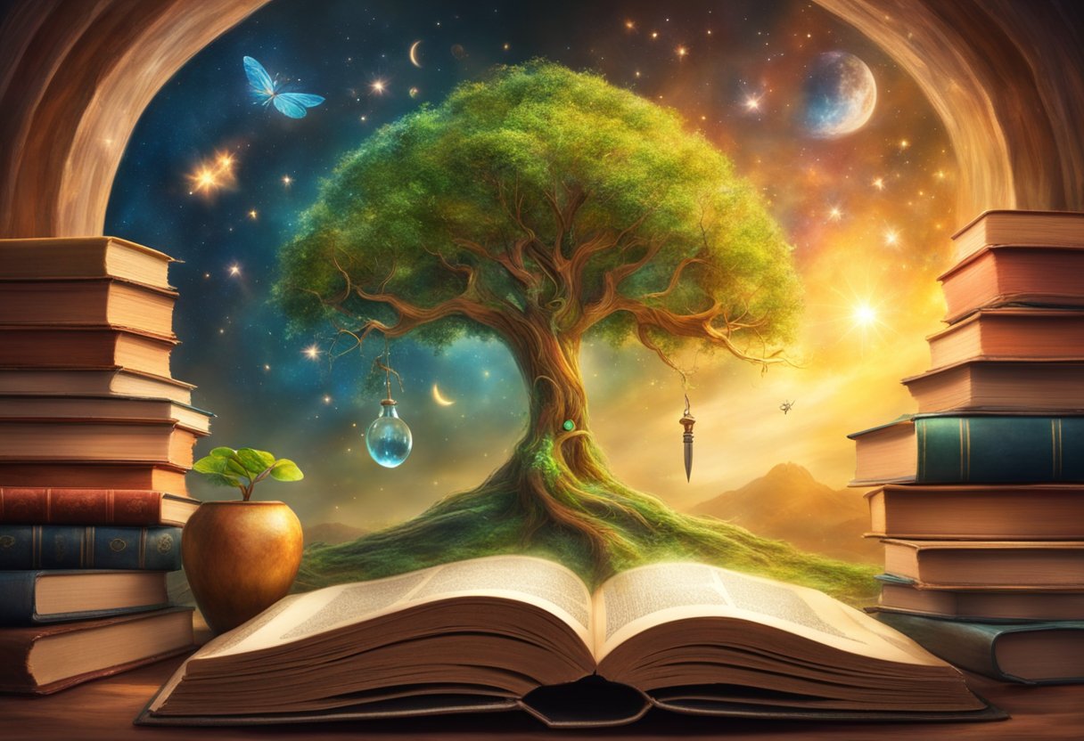 A tree growing from a small seed, surrounded by books and tools, symbolizing the growth mindset being nurtured and achieved