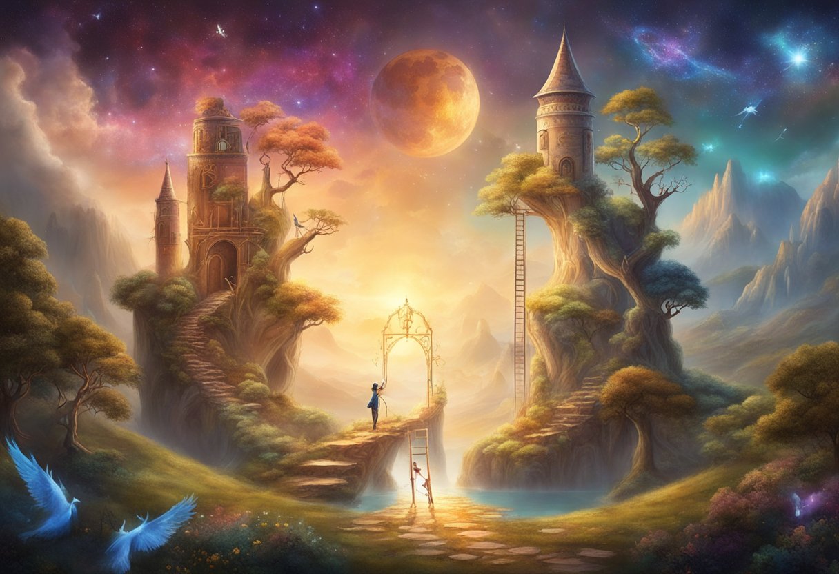 A growth mindset being built with tools and a ladder, surrounded by symbols of progress and achievement