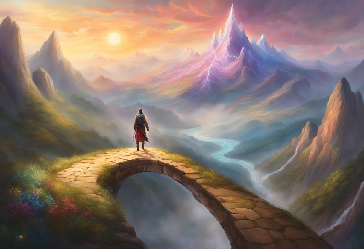 A figure overcoming obstacles with a resilient and adaptable mindset, symbolized by a winding path leading to a mountain peak