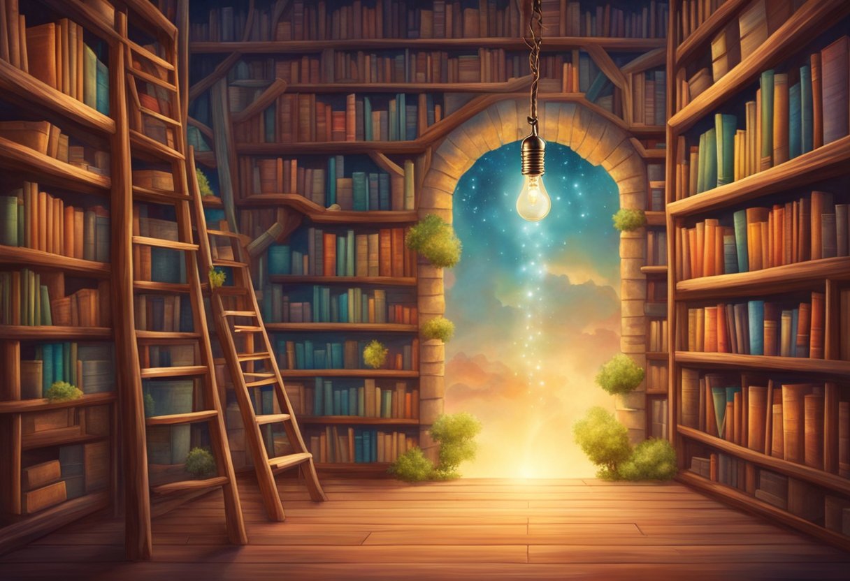 A growth mindset can be depicted through a ladder symbolizing advancement and improvement, surrounded by books and a lightbulb representing learning and enlightenment