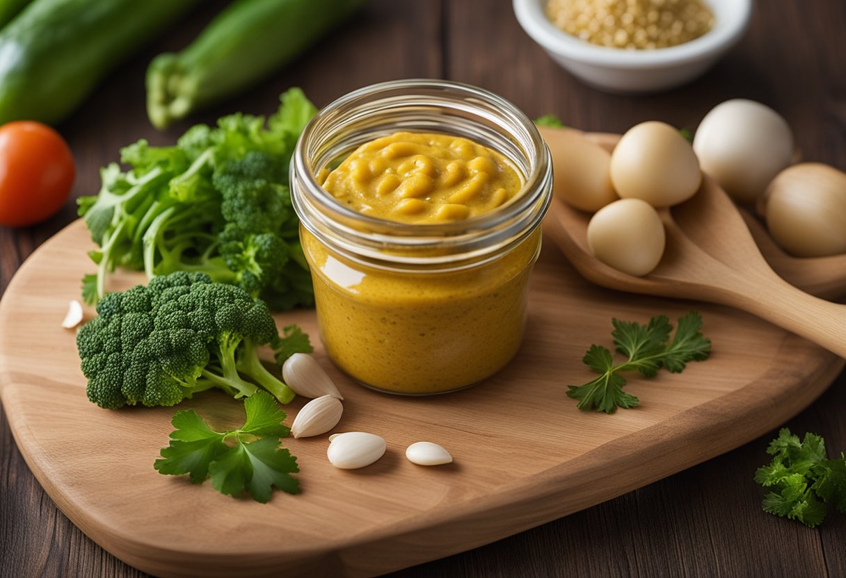 A jar of mustard surrounded by low-carb vegetables and a keto-friendly protein source on a wooden cutting board