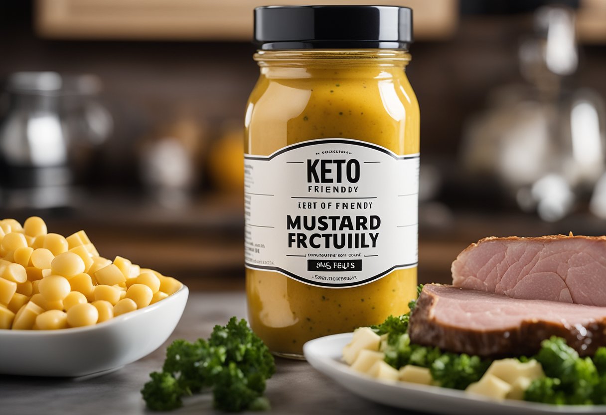 A jar of mustard sits on a kitchen counter next to a plate of keto-friendly foods like meats, cheeses, and vegetables. The label prominently displays "Keto Friendly" to emphasize its compatibility with the diet