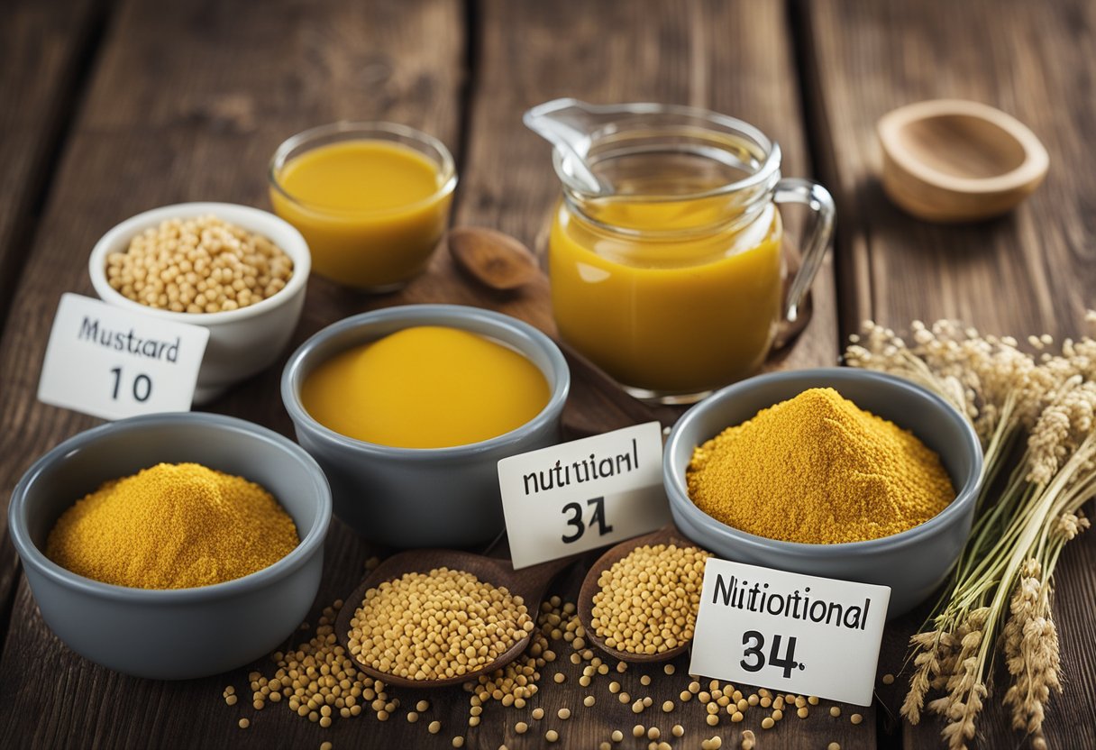 A table with mustard, measuring cups, and nutritional labels