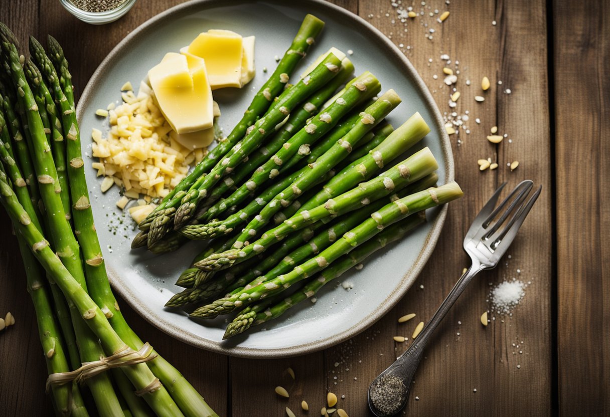 A plate of asparagus, with a side of butter and a sprinkle of salt, sits on a rustic wooden table. The green spears are fresh and vibrant, inviting the viewer to indulge in their keto-friendly goodness