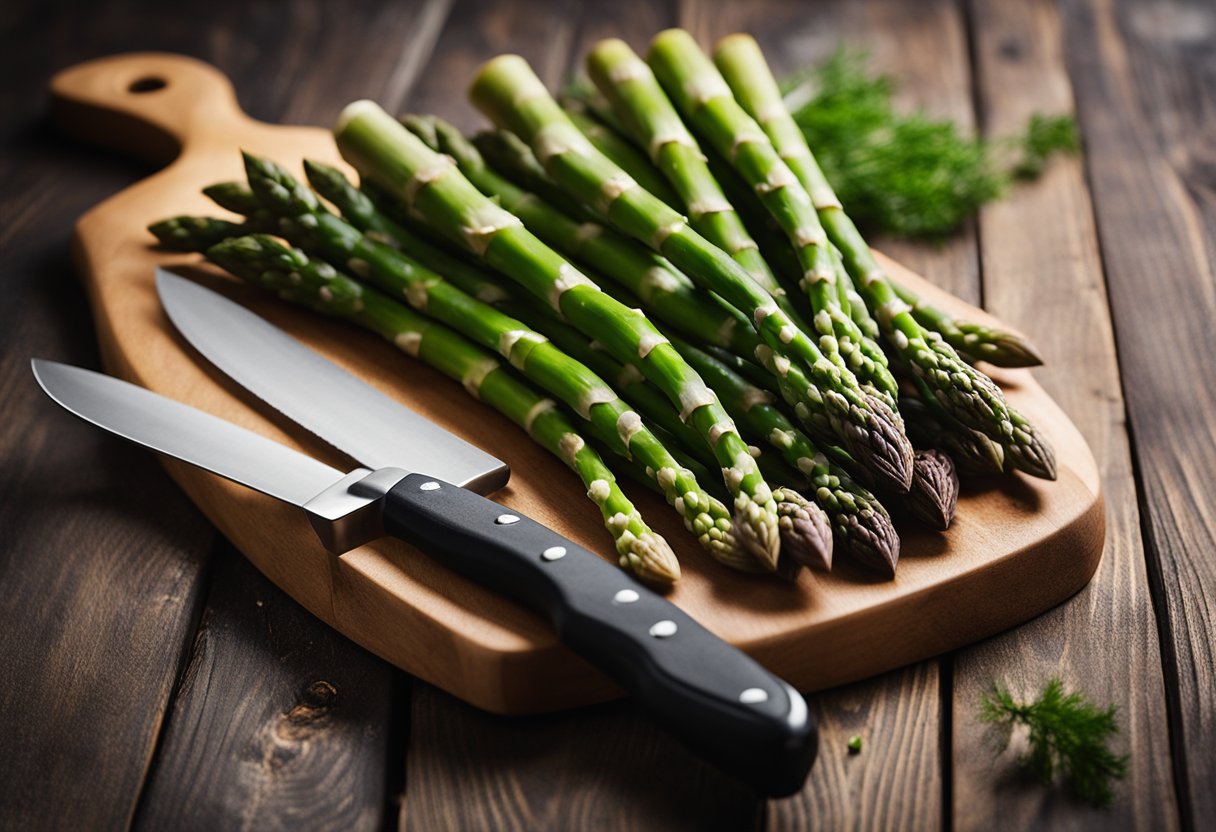 A bunch of fresh asparagus arranged on a wooden cutting board with a knife beside it