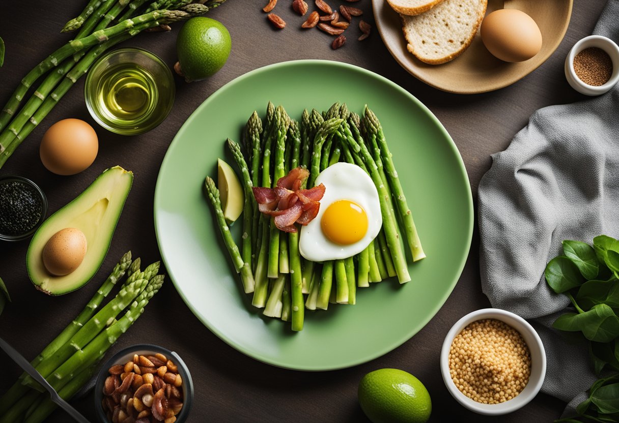 A plate of asparagus surrounded by keto-friendly foods like avocado, eggs, and bacon. A "Ketogenic Diet Explained" book sits nearby