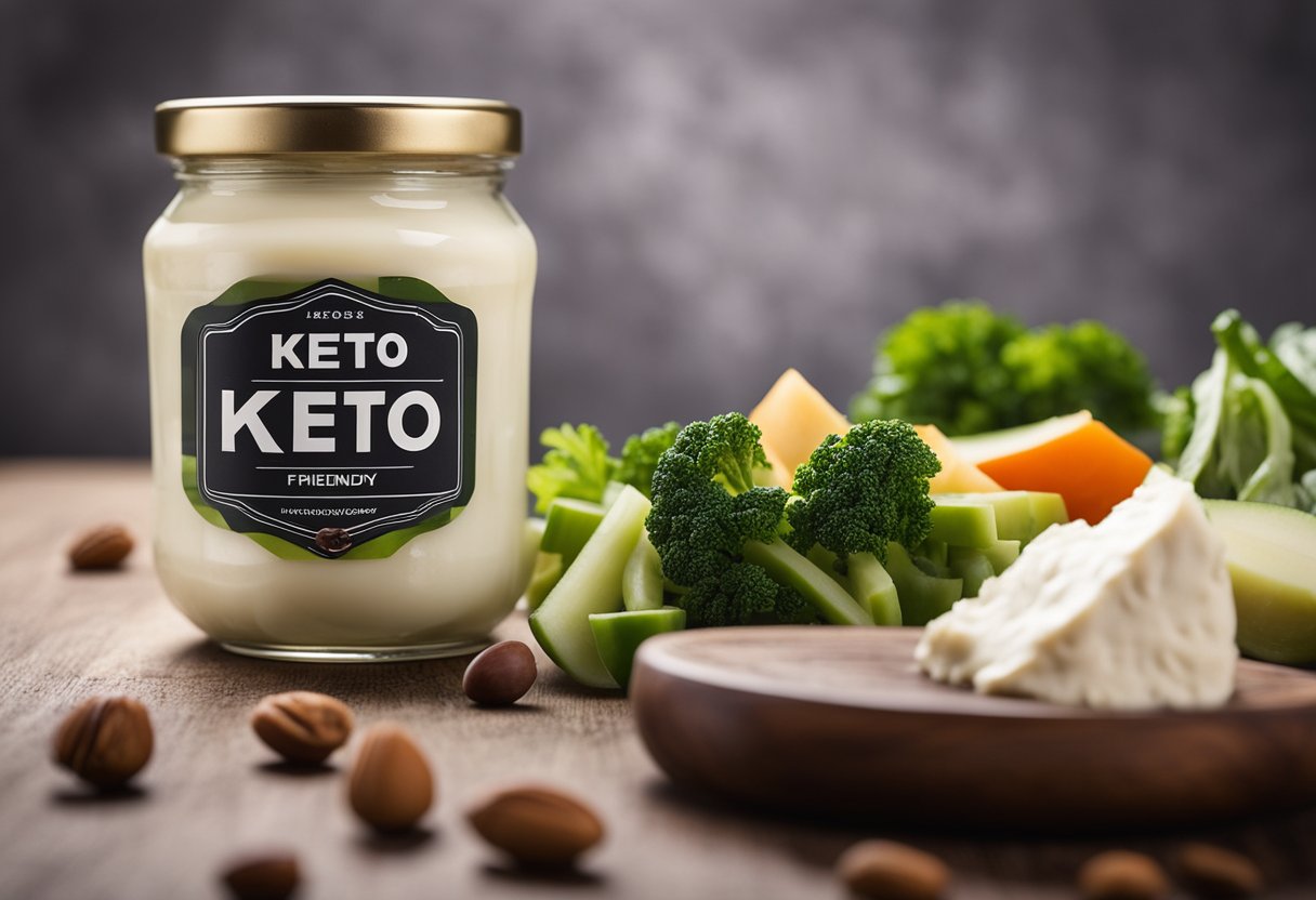 A block of cream cheese surrounded by low-carb vegetables and nuts, with a "Keto Friendly" label in the background