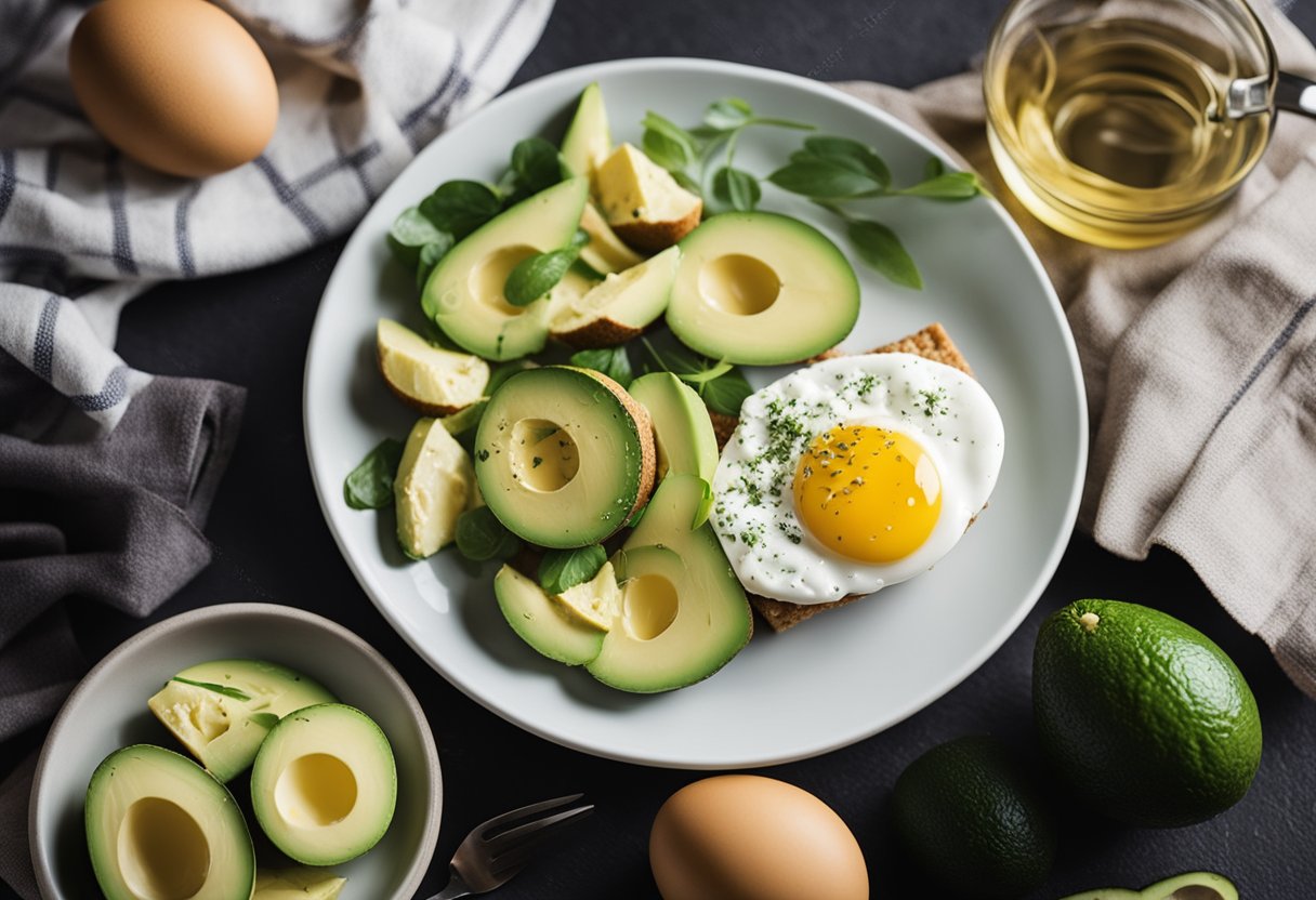 A plate with keto-friendly foods: eggs, avocado, and cream cheese. A measuring tape and a keto diet book in the background