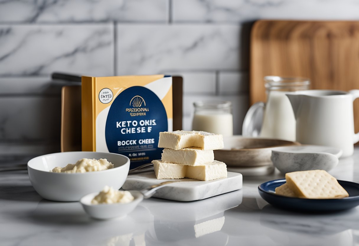 A block of cream cheese sits on a marble countertop next to a keto-friendly recipe book. A spoonful of cream cheese is spread on a low-carb cracker