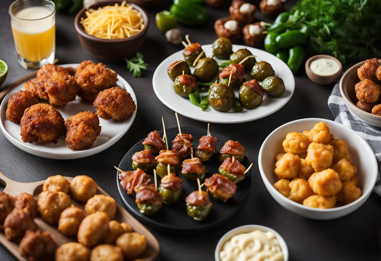 A table spread with keto-friendly snacks, including bacon-wrapped jalapeno poppers, buffalo cauliflower bites, and cheese-stuffed meatballs