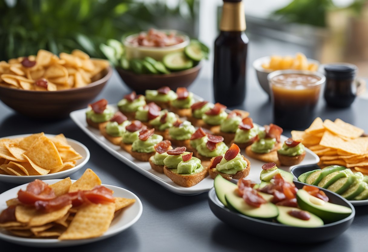 A spread of keto-friendly snacks on a platter at a football game: avocado slices, cheese cubes, bacon-wrapped jalapenos, and pepperoni chips